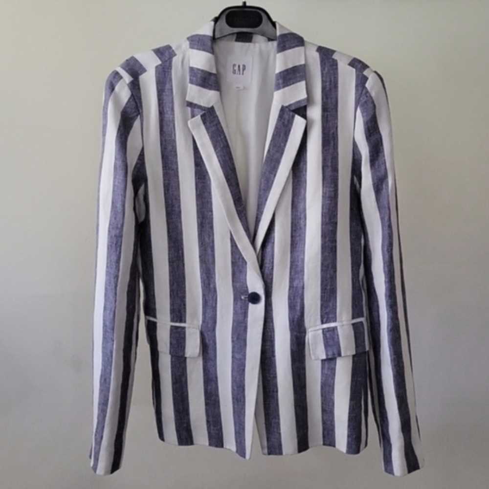 GAP Vertical Stripe Linen Blazer in White and Grey